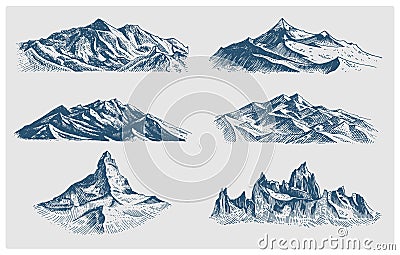 Big set of mountains peaks, vintage, old looking hand drawn, sketch or engraved style, different versions for hiking Vector Illustration