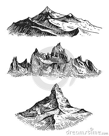 Big set of mountains peaks, vintage, old looking hand drawn, sketch or engraved style, different versions for hiking Vector Illustration