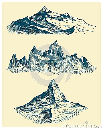 Big set of mountains peaks, vintage, old looking hand drawn, sketch or engraved style, different versions for hiking Vector Illustration