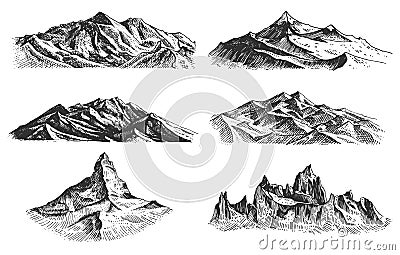 Big set of mountains peaks, vintage, old looking hand drawn, sketch or engraved style, different versions for hiking Vector Illustration