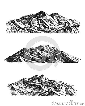 Big set of mountains peaks, vintage, old looking hand drawn, sketch or engraved style, different versions for hiking Vector Illustration