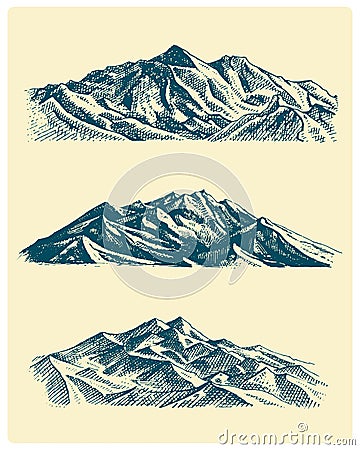 Big set of mountains peaks, vintage, old looking hand drawn, sketch or engraved style, different versions for hiking Vector Illustration