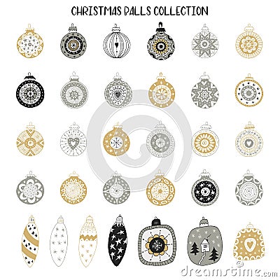 Big set of New Year decorations. Hand drawn Christmas balls collection. Vector illustration Cartoon Illustration