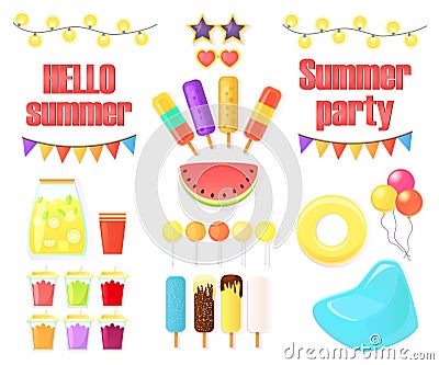 Big set of objects for summer party isolated on white background. Stock Photo