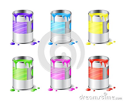 Big set of open metal paint cans with color paint and drops isolated on white Vector Illustration