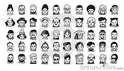 Big set of people avatars for social media, website. Doodle portraits fashionable girls and guys. Trendy hand drawn Vector Illustration