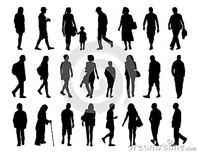 Big set of people walking silhouettes set 3 Stock Photo