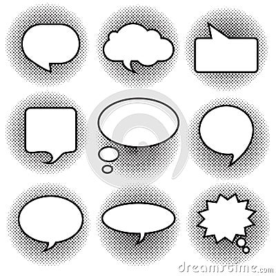 Big set picture blank template comic text speech chat bubble halftone dot background style pop art. Dialog empty cloud, space pop Stock Photo