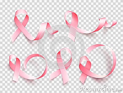 Big set of pink ribbons isolated over transparent background. Symbol of breast cancer awareness month in october. Vector Vector Illustration