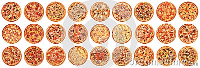 Big set of pizzas isolated on white background. Top view Stock Photo