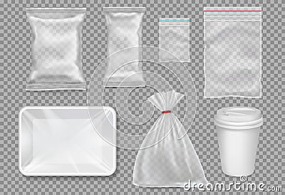 Big set of plastic packaging - sacks, tray, cup. Vector Illustration