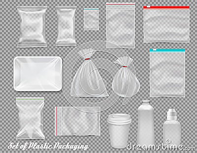 Big set of polypropylene plastic packaging - sacks, tray, cup on transparent background. Vector Illustration