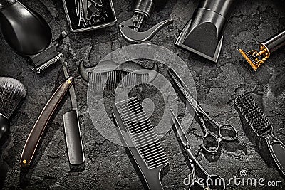 Big Set Of Professional Black Barber Tools. Barber Shop. Hairdresser Concept Stock Photo