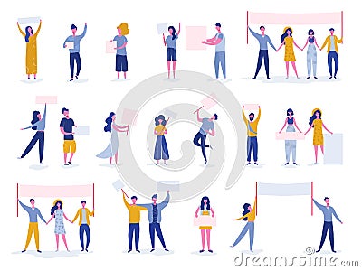 Big Set of protesting people holding banners and placards. Men and women characters on political meeting, parade or rally Vector Illustration