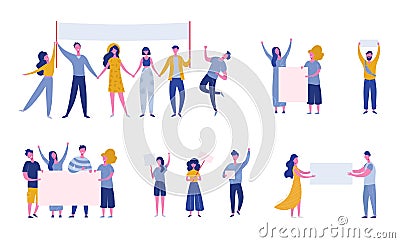 Big set of protesting people holding banners and placards. Men and women characters on political meeting, parade or rally Vector Illustration