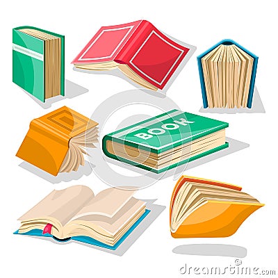 Big set with red, yellow, green, blue opened and closed books in different positions. Vector Illustration