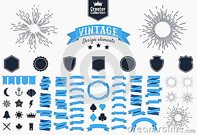 Big set of 74 retro design elements. design elements for retro vintage banners, posters,logos. Icons, ribbon banners, sunbursts. V Vector Illustration