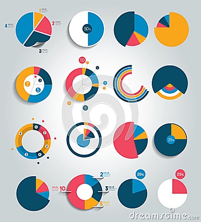 Big set of round, circle chart, graph. Simply color editable. Vector Illustration