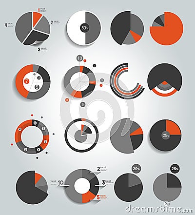 Big set of round, circle chart, graph. Simply color editable. Vector Illustration