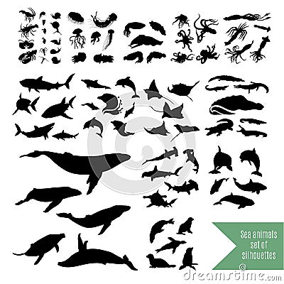 The big set of sea animals vector icons and silhouettes. Vector Illustration