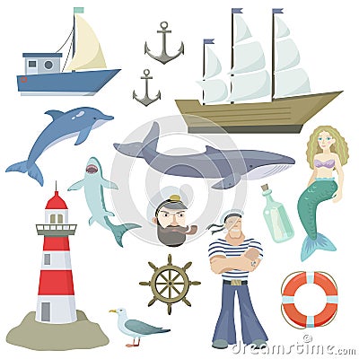 Big set of sea elements, isolated on white background. Ships, lighthouse, whale, anchor, sailor, mermaid. Vector Illustration