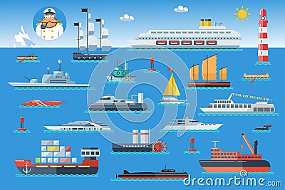 Big set of sea ships. Water carriage and maritime transport in flat design style. Vector illustration. Vector Illustration