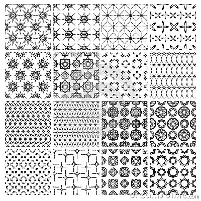 Big set of 16 seamless simple black and white patterns Vector Illustration