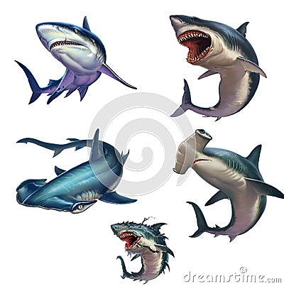 Big set of sharks isolated realistic illustration. Cartoon Illustration