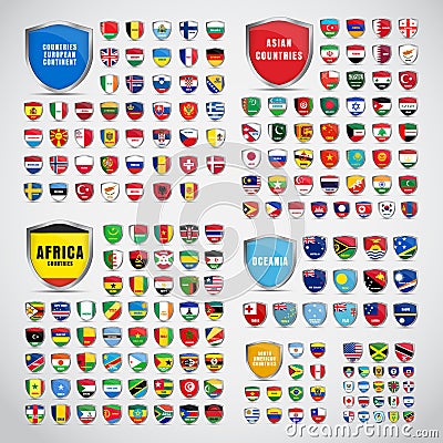 Big set of shields with the flags of the countries of South and Vector Illustration