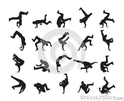 Big set of Silhouette of expressive break dance. Young people dancing of Hip Hop on white background Vector Illustration