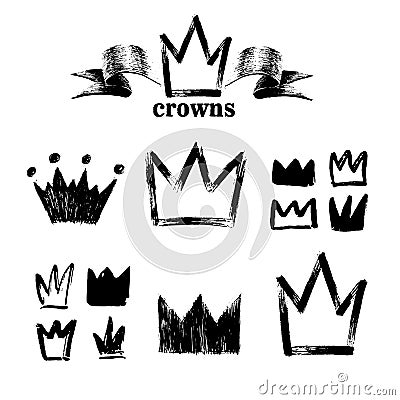 Big set of silhouettes of crowns. Black grunge icons. Painted by hand with a rough brush. Vector illustration. Isolated on white b Cartoon Illustration