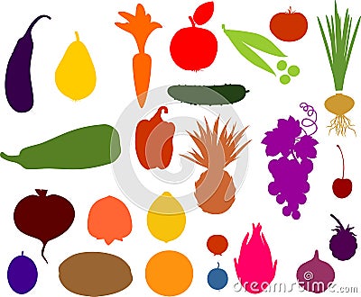 Big set of silhouettes of different vegetables and fruits Vector Illustration