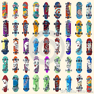 Big Set of skateboards and skateboarding elements street style. Painted in bright figures in a cartoon. Cartoon Illustration