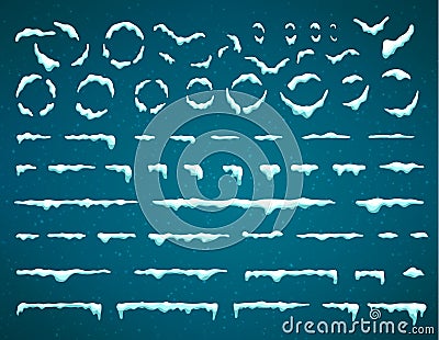 Big set of snow icicles and snow cap isolated. Cartoon snowy elements over winter background. Design template. Vector. Vector Illustration