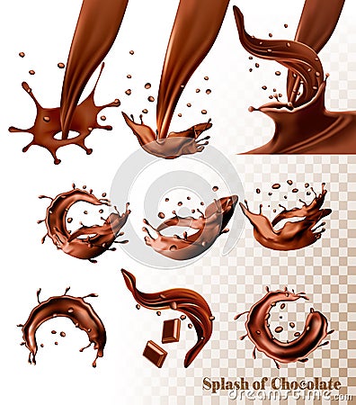 Big set of Splash of chocolate on transparent background. Vector Illustration