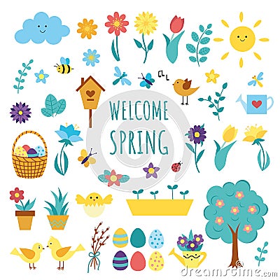 Big set of spring elements with flowers, birds Vector Illustration