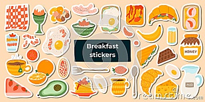 Big set of stickers with food and beverage for breakfast. Different variations for meal: vegetarian, healthy, fried Vector Illustration