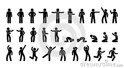 Big set of stickman icons, stick figure people in various poses, gestures and human movements, human silhouettes Vector Illustration