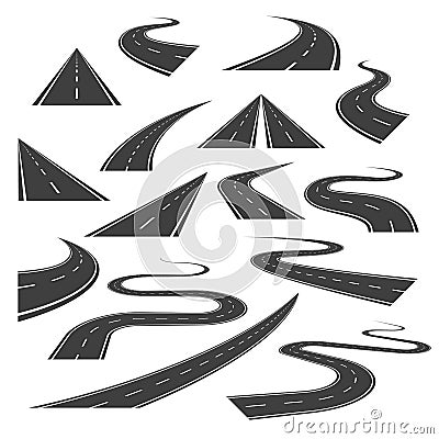 Big set of street or road curves, turns, and perspectives. Vector Illustration