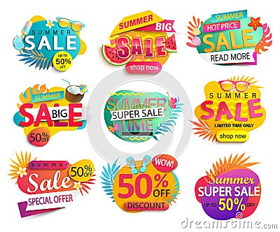 Big Set of summer sale and discounts stickers. Vector Illustration