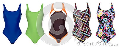 Big set of one piece swimsuits of different color Stock Photo