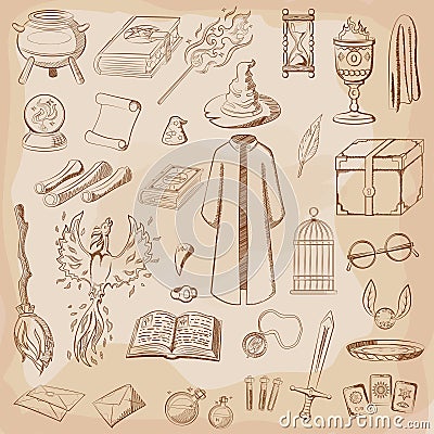 Things magician: wizard, hat, magic book, scroll, potion, broom, crystal ball, mantle, sword, cup, ring Stock Photo