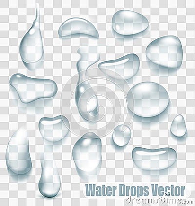 Big set of transparent drops of water. Vector Illustration