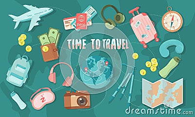 Big Set of travel items â€“ passport, tickets, airplane, map, globe etc. Trendy vector illustration, for web and print Vector Illustration