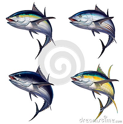 Big set of tuna fish isolated realistic illustration. Cartoon Illustration