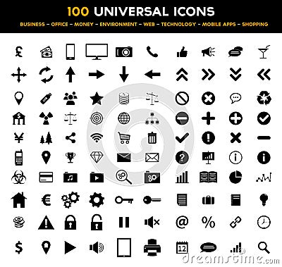 Big set of 100 universal black flat icons - business, office, finance, environment and technology Vector Illustration