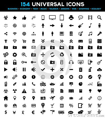 Big set of universal black flat icons - tourism, music, media, business, web, shopping, technology and environment Vector Illustration