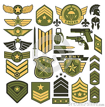 Big set of of US Army badges, wings, ranks, patches. Complete military patch set for fashion company or garments industry Vector Illustration