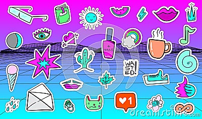 Big Set of Vaporwave Styled Colorful Modern Patches or Stickers. Vector Illustration