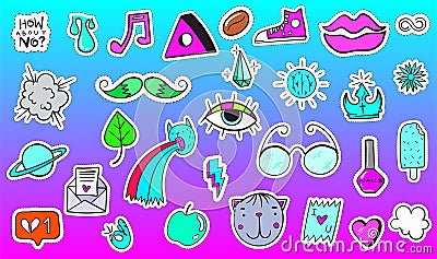 Big Set of Vaporwave Styled Colorful Modern Patches or Stickers. Fashion cyan magenta patches. Cartoon 80\'s - 90\'s retrowave sty Vector Illustration